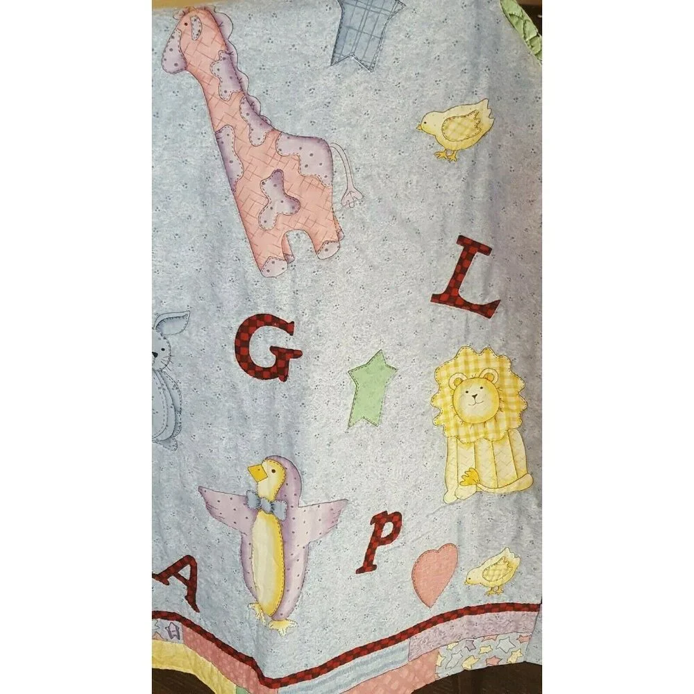 Baby Quilt Throw Crib Alphabet Zoo Animals Blue Pink Bear Lion Rabbit Stitched 3